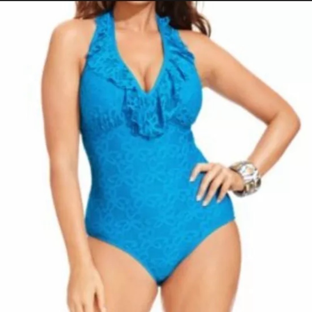 Kenneth Cole One Piece Azalea Blue Crochet Ruffle Halter Swimsuit